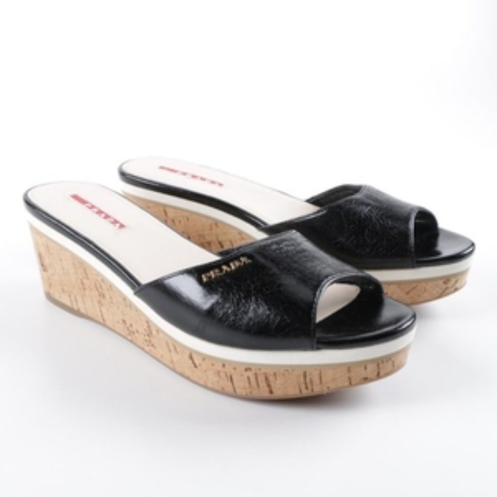 Prada Leather and Cork Wedge Slides EUC